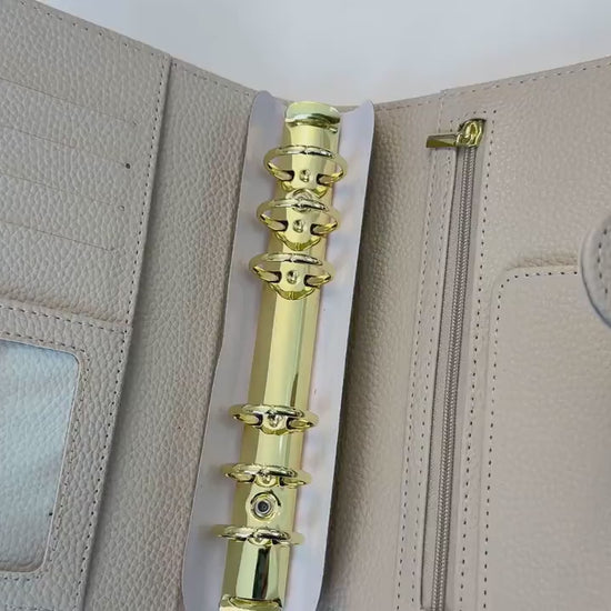 A6 Pebble Leather Budget Binder: Gold Rings, Zipper Pocket, Cash Envelope Wallet
