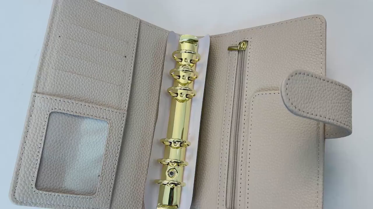 A6 Pebble Leather Budget Binder: Gold Rings, Zipper Pocket, Cash Envelope Wallet