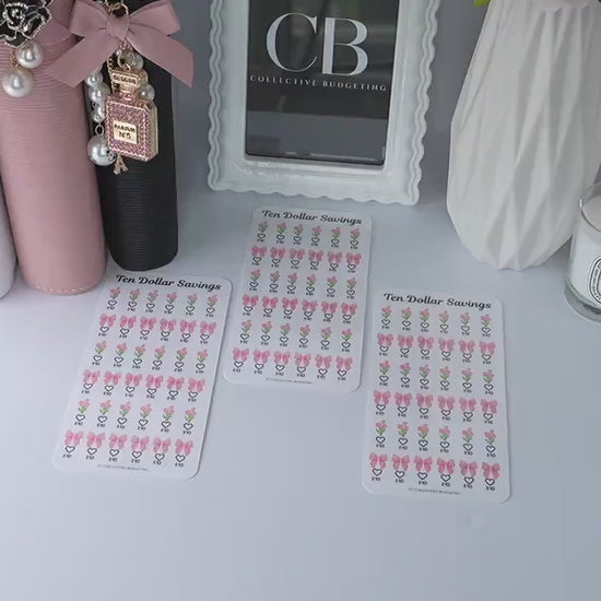 Ten Dollar Savings Challenge | Florals and Bows |Card | Laminated Cash Stuffing Tracker
