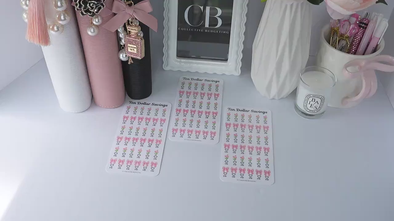 Ten Dollar Savings Challenge | Florals and Bows |Card | Laminated Cash Stuffing Tracker